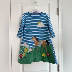 Mini Boden Girls Horse Appliqué Striped Tunic Dress Blue White Size 5-6Y